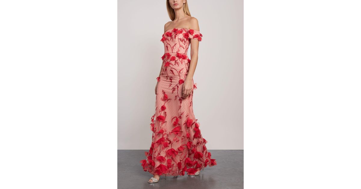 marchesa notte off shoulder floral applique midi dress Marchesa Notte Embroidered Floral Midi Dress