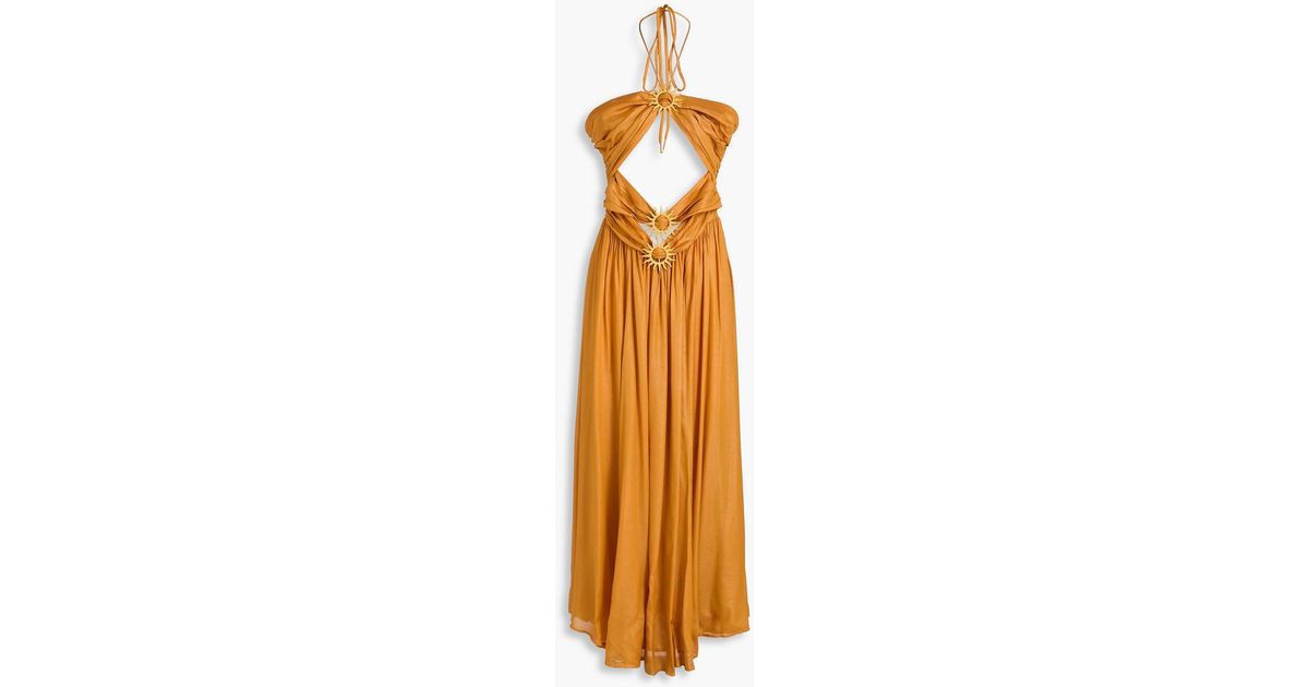 FARM Rio Cutout Embellished Georgette Halterneck Maxi Dress in Metallic |  Lyst Australia