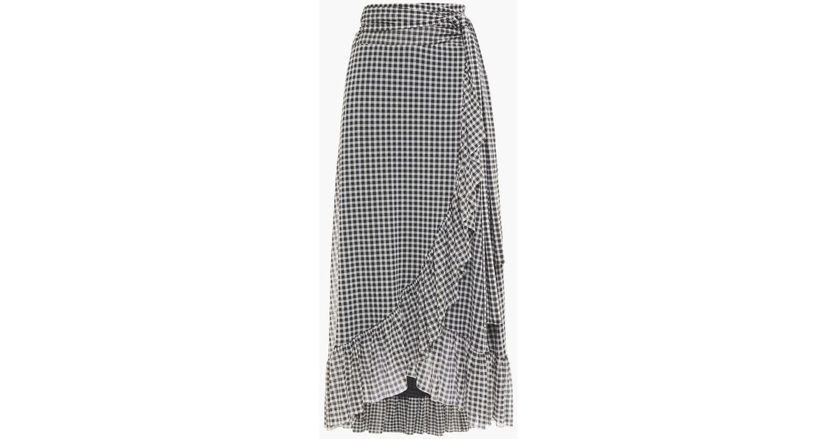 【Ganni】Ruffled Gingham Mesh Wrap Skirt GANNI Ruffle-trimmed gingham stretch-mesh midi wrap skirt