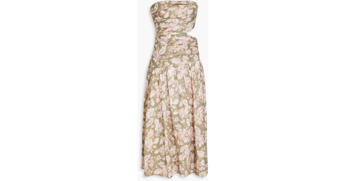 Zimmermann Strapless Cutout Floral Print Linen Midi Dress In Natural Lyst