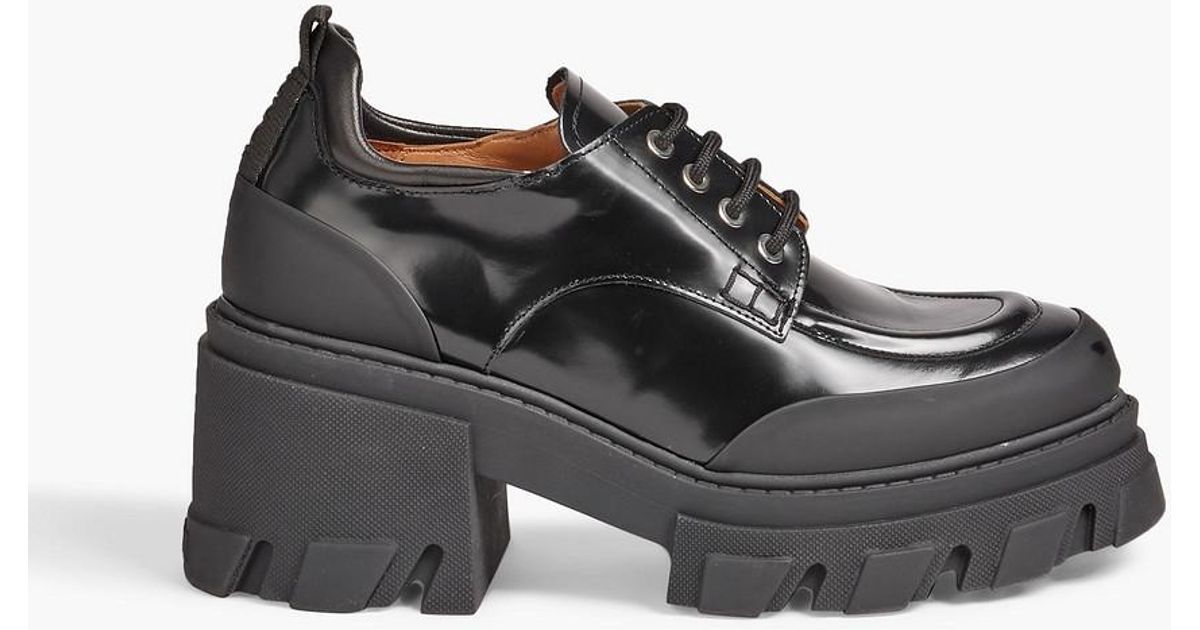 Ganni Leather Platform Brogues in Black 