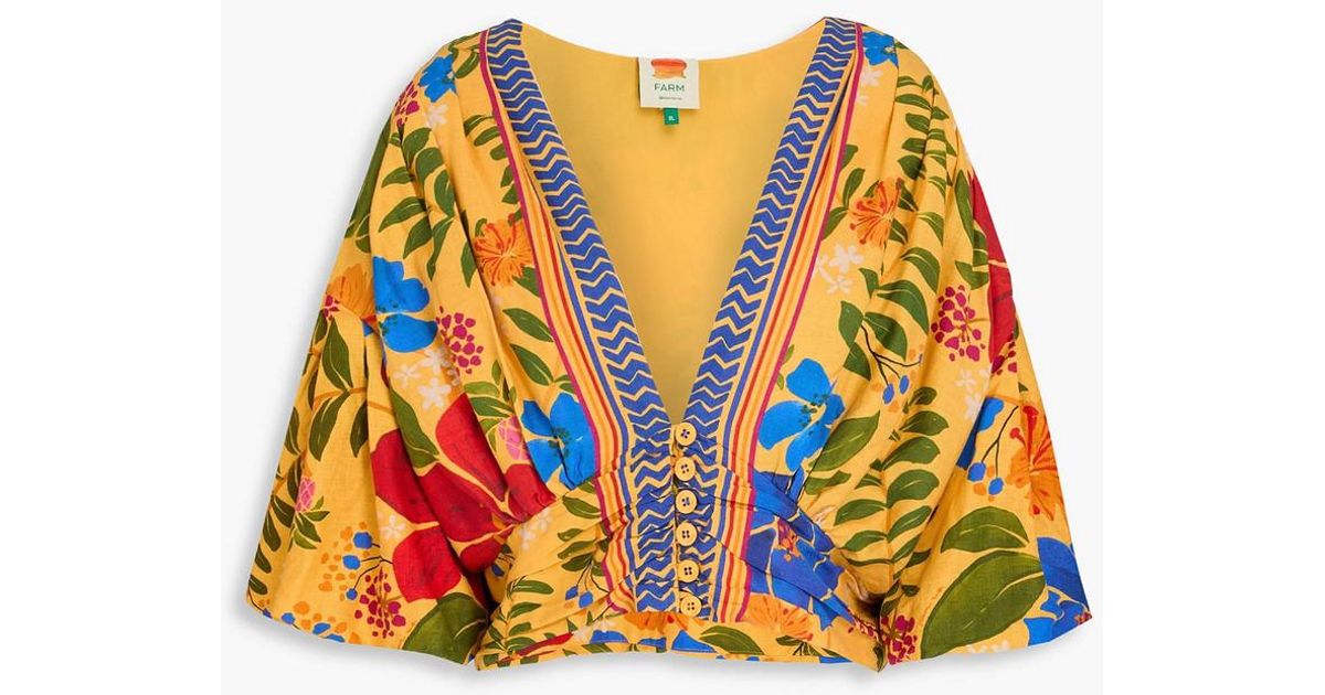 FARM Rio Cropped Floral-Print Linen-Blend Top in Orange | Lyst UK