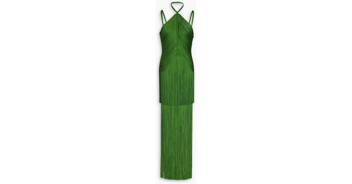 slim fit dress slacks Herve Leger Fringed Halter Midi Dress