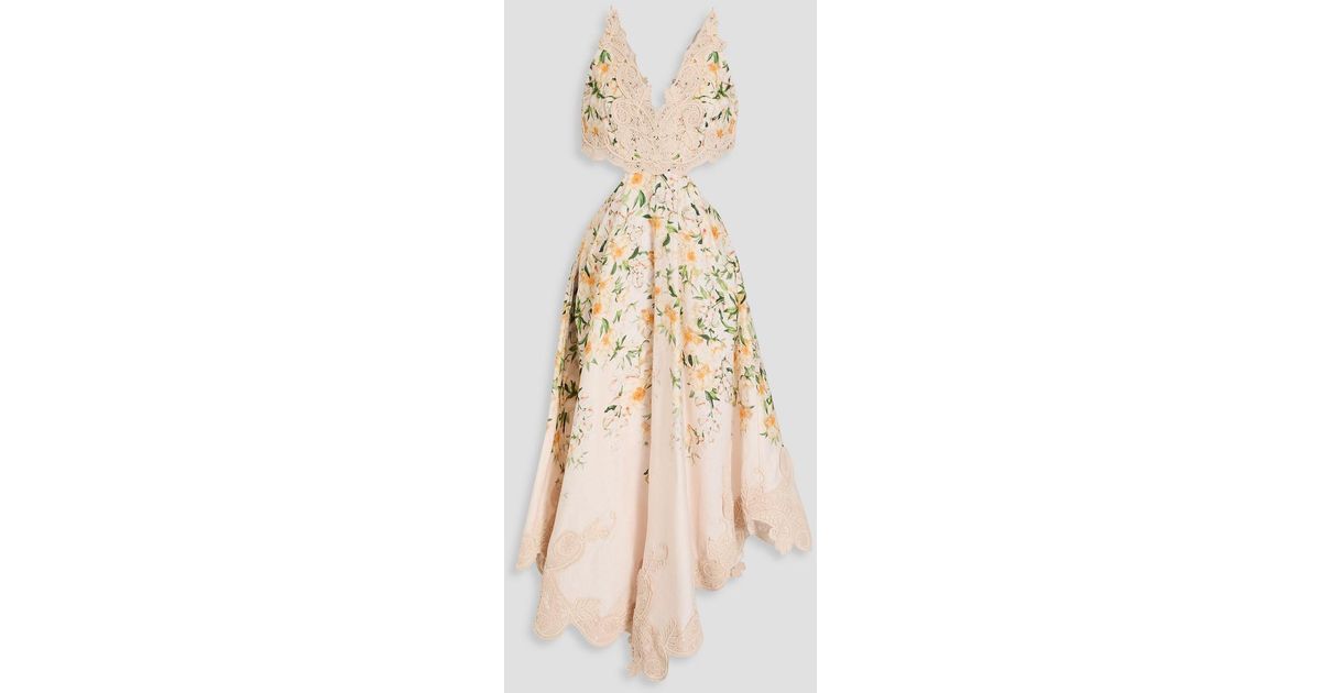 Zimmermann Cutout Floral-print Linen Midi Dress in Natural | Lyst