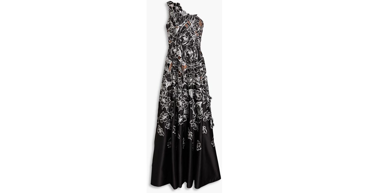 Marchesa One-shoulder Embroidered Duchesse-satin Gown in Black | Lyst