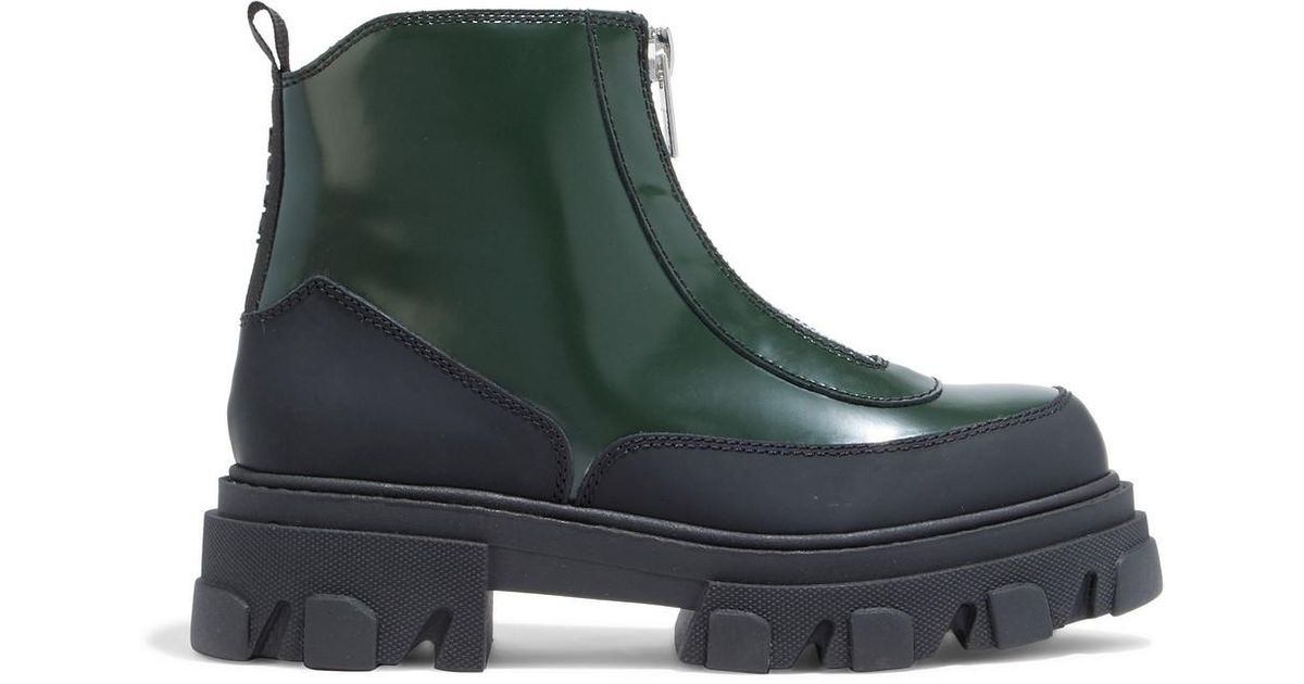 Ganni Zip-detailed Glossed-leather Ankle Boots in Emerald (Green) - Lyst