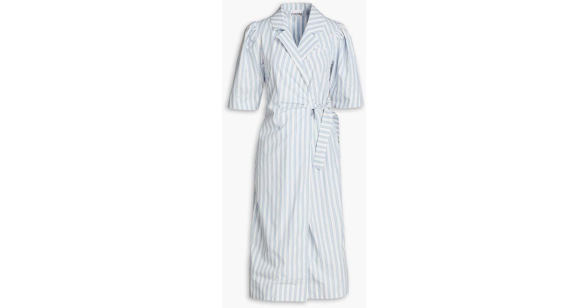 Ganni Striped Cotton Poplin Midi Wrap Dress In Blue Lyst