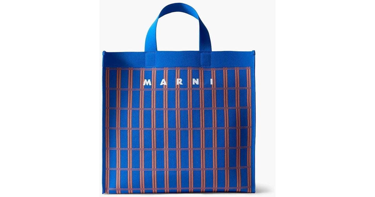 ★MARNI★ Small Shopping Knit Jacquard Tote Bag Multicolor S Blue and brown jacquard shopping bag | Marni