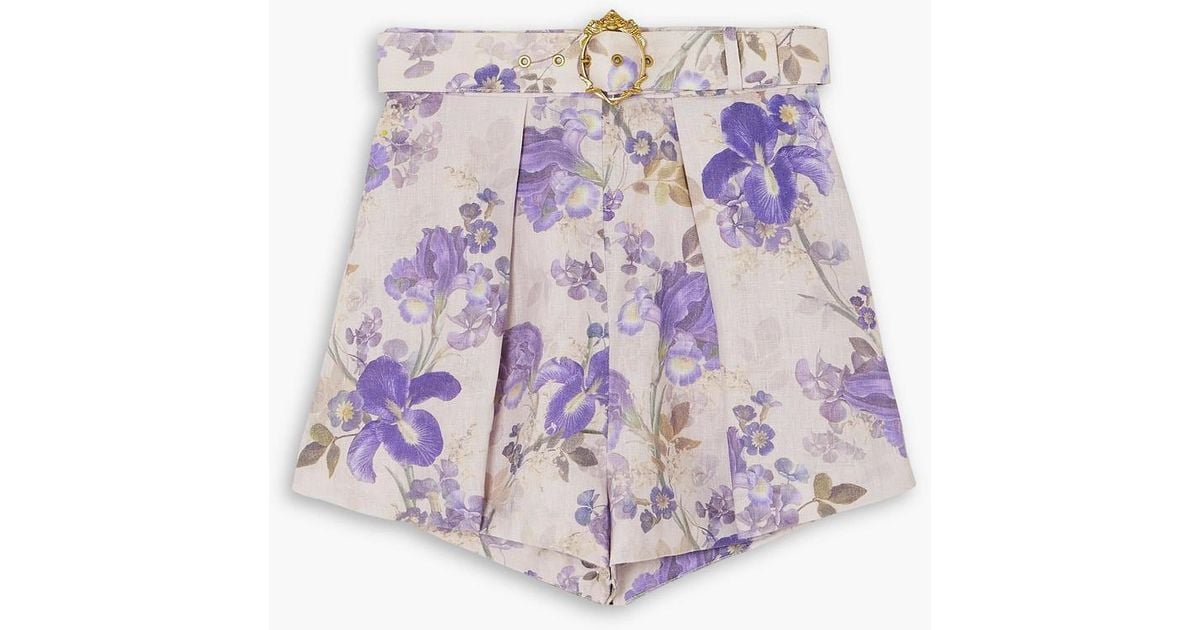 【Zimmermann】Crush belted floral high-rise linen shorts Crush belted floral high-rise linen shorts in black