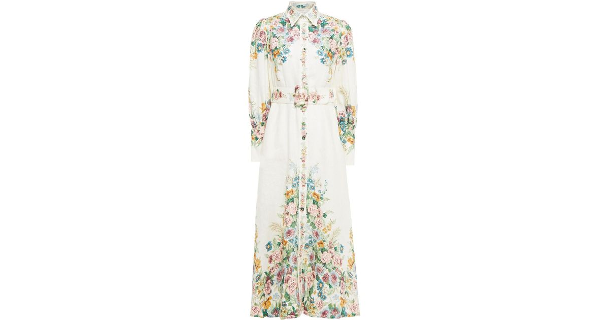 Zimmermann Wavelength Belted Floral-print Linen Midi Shirt Dress in ...