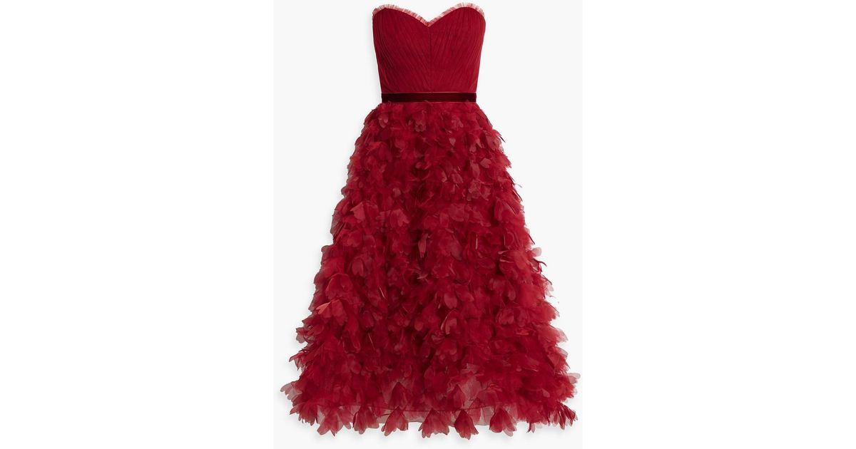 sachin and babi light blue dress Marchesa Strapless Floral-appliquéd Tulle Midi Dress in Red