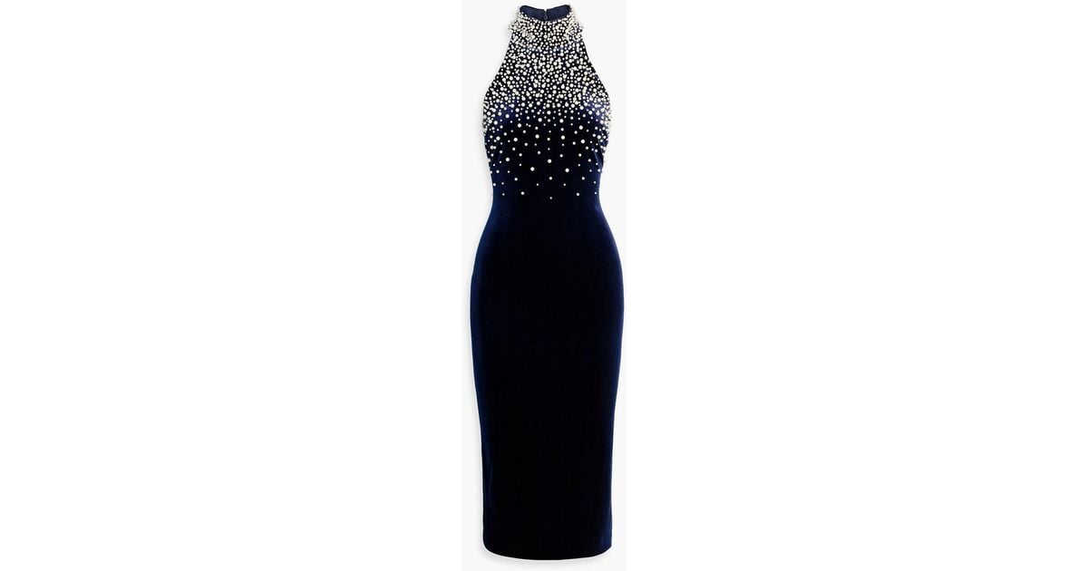 Badgley Mischka Faux Pearl-Embellished Velvet Midi Dress in Blue | Lyst
