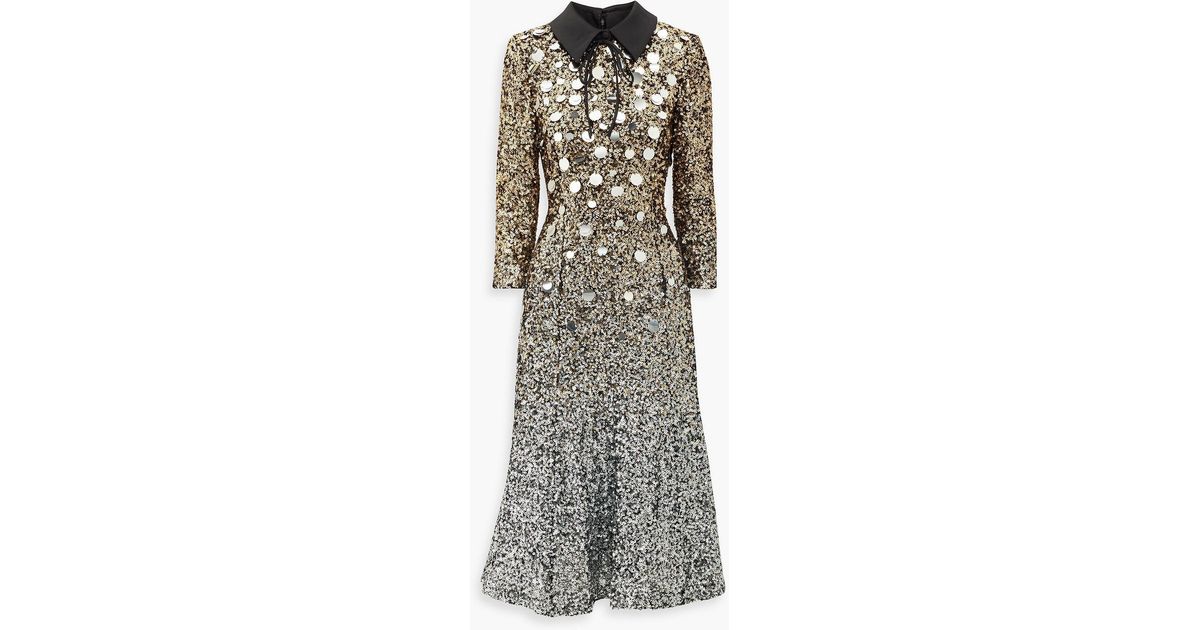 Badgley Mischka Satin-trimmed Sequined Tulle Midi Dress in Metallic | Lyst Badgley Mischka Satin-trimmed Sequined Tulle Midi Dress in Metallic | Lyst