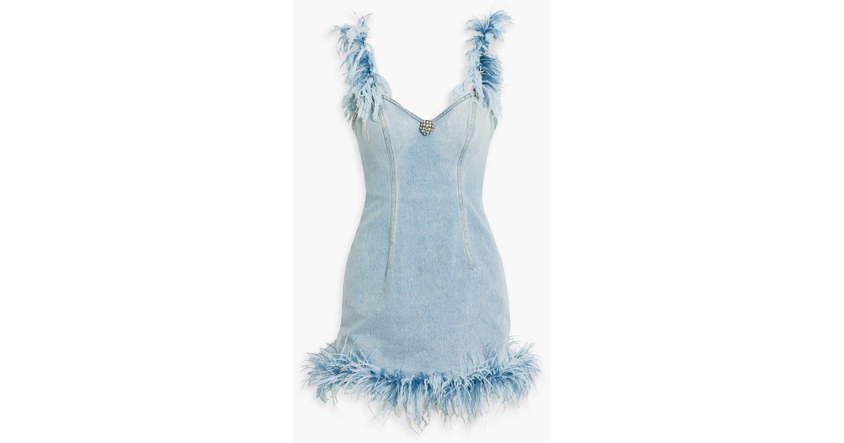 Area Embellished Feather-trimmed Denim Mini Dress in Blue | Lyst
