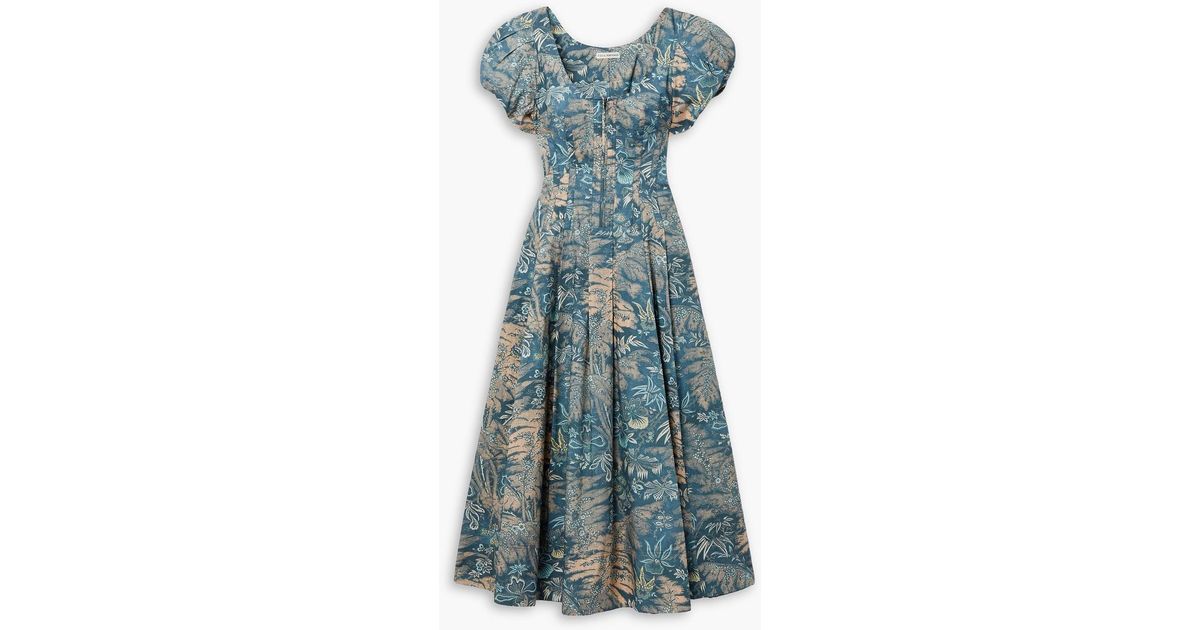 Ulla Johnson Malie Pleated Printed Cotton-poplin Midi Dress in Blue | Lyst