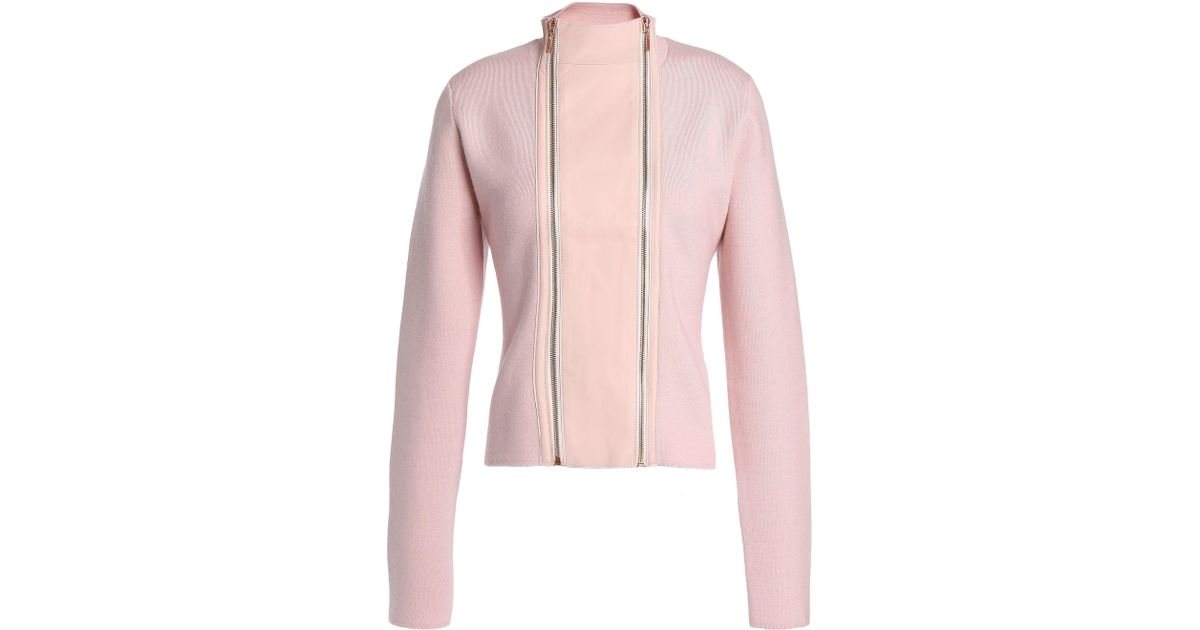 Elie Tahari Woman Leather Trimmed Merino Wool Jacket Baby Pink Lyst Leather Trimmed Merino Wool Jacket