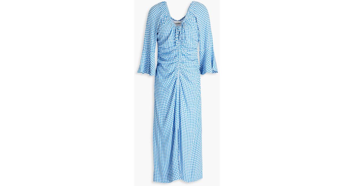 Ganni Ruched Gingham Ecoverotm-blend Midi Dress in Blue | Lyst UK