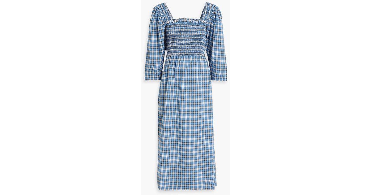 Ganni Shirred Checked Cotton-blend Seersucker Midi Dress in Blue | Lyst  Australia