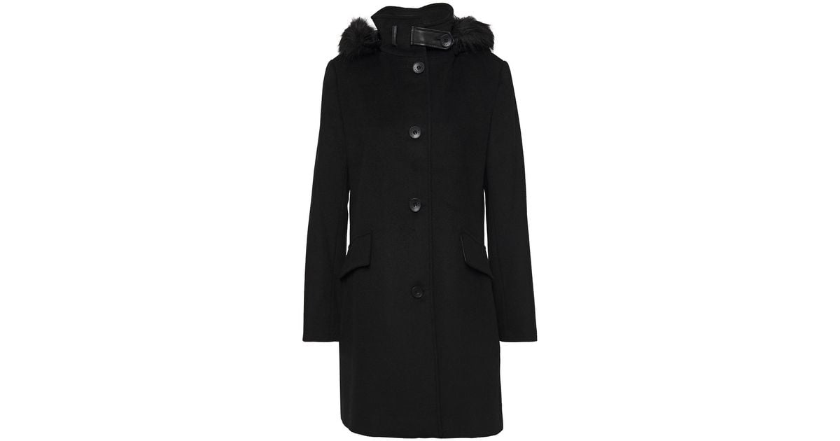 Dkny Faux Fur Trimmed Wool Blend Coat In Black Lyst Dkny Faux Fur Trimmed Wool Blend Coat, Dkny Belted Faux Leather Trim Hooded Trench Coat