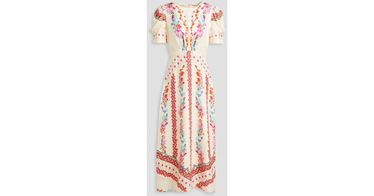 saloni bianca floral-print silk dress Saloni Bianca Floral-print Silk-satin Jacquard Midi Dress in White