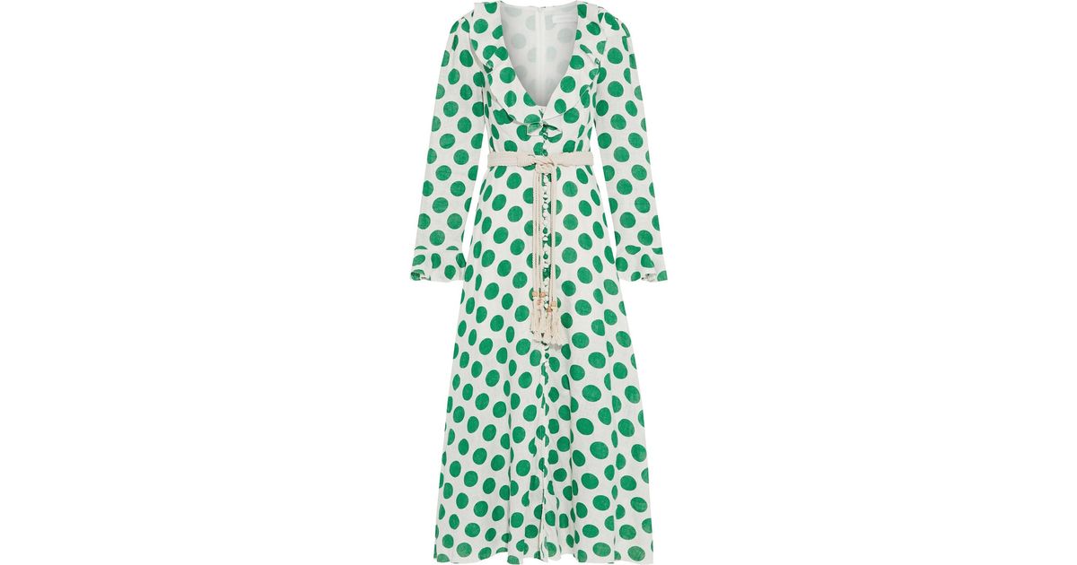 Zimmermann Amari Plunge Frill Belted Polka-dot Linen Maxi Dress in Green |  Lyst