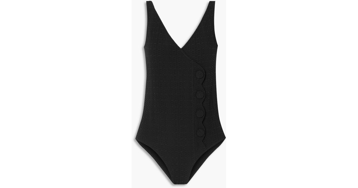 Lisa Marie Fernandez Wrap-effect Stretch-seersucker Swimsuit in Black ...