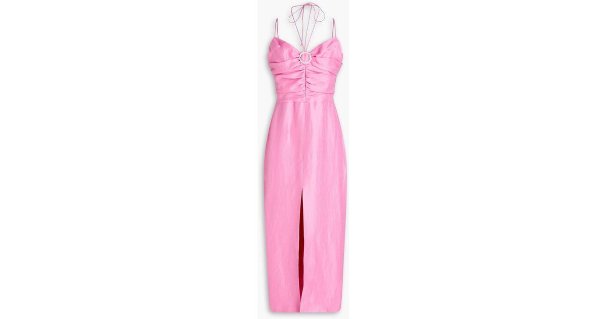Rasario Ruched Crystal-embellished Linen-blend Midi Dress in Pink ...