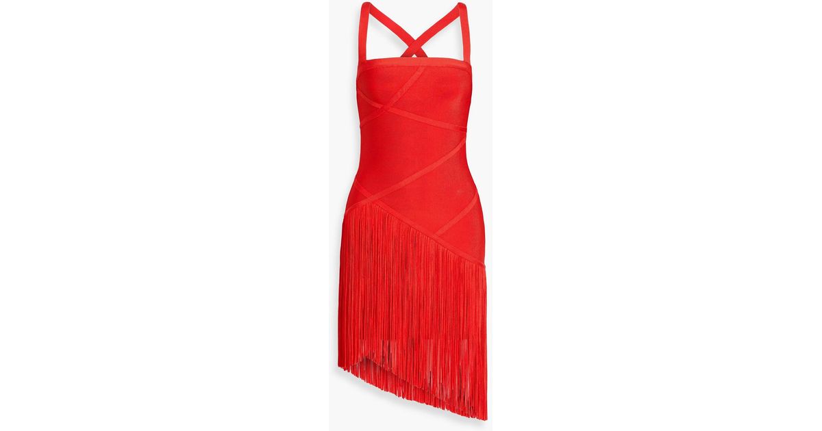 herve leger red fringe dress Contour Bust Fringe Gown