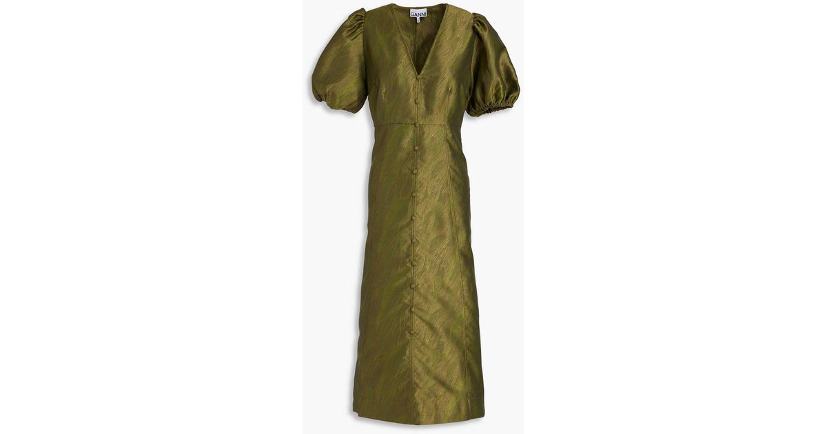 Ganni Satin-jacquard Midi Dress in Green | Lyst UK