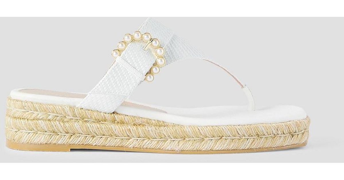 Stuart Weitzman Embellished Raffia Espadrille Wedge Sandals in White | Lyst