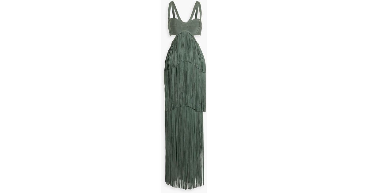 Hervé Léger Cutout Fringed Bandage Maxi Dress in Green | Lyst UK Hervé Léger Cutout Fringed Bandage Maxi Dress in Green | Lyst UK