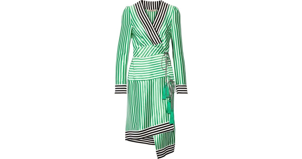 Etro Woman Asymmetric Striped Silk Wrap Dress Green - Lyst
