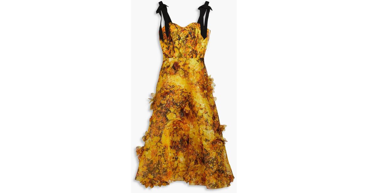 Marchesa Metallic Floral-print Chiffon Midi Dress in Yellow | Lyst