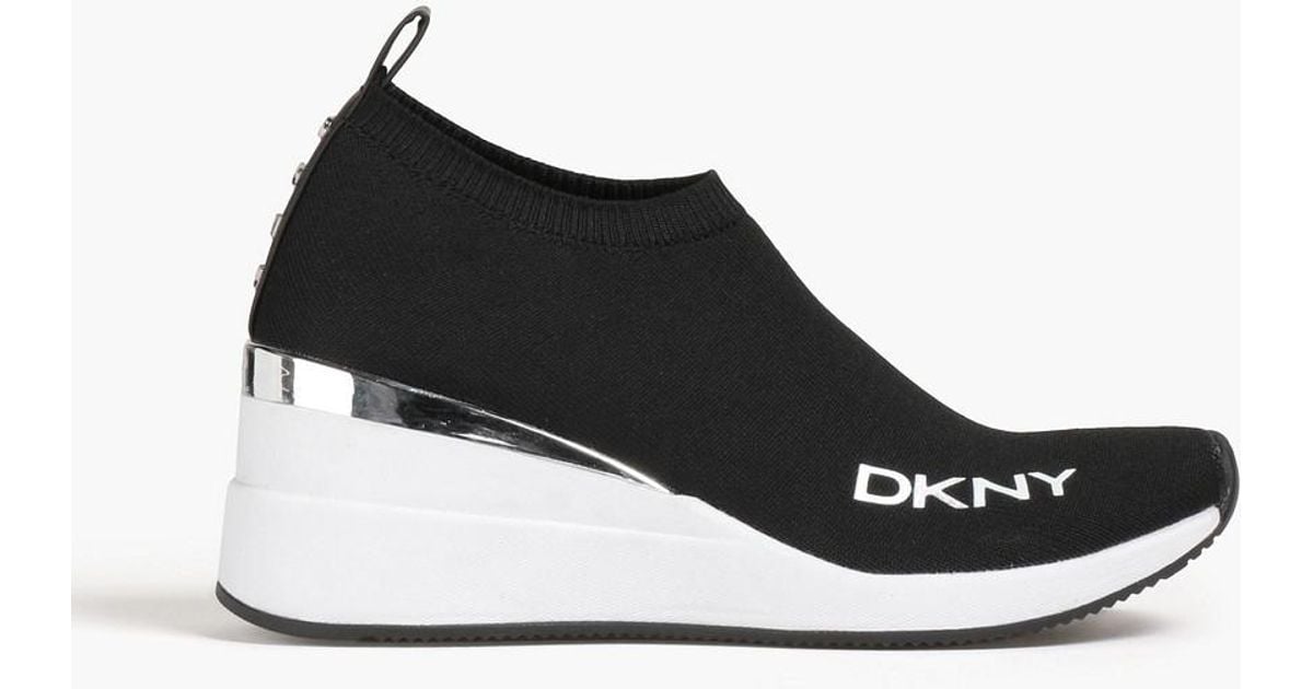 DKNY Logo-print Stretch-knit Wedge Sneakers in Black | Lyst Australia