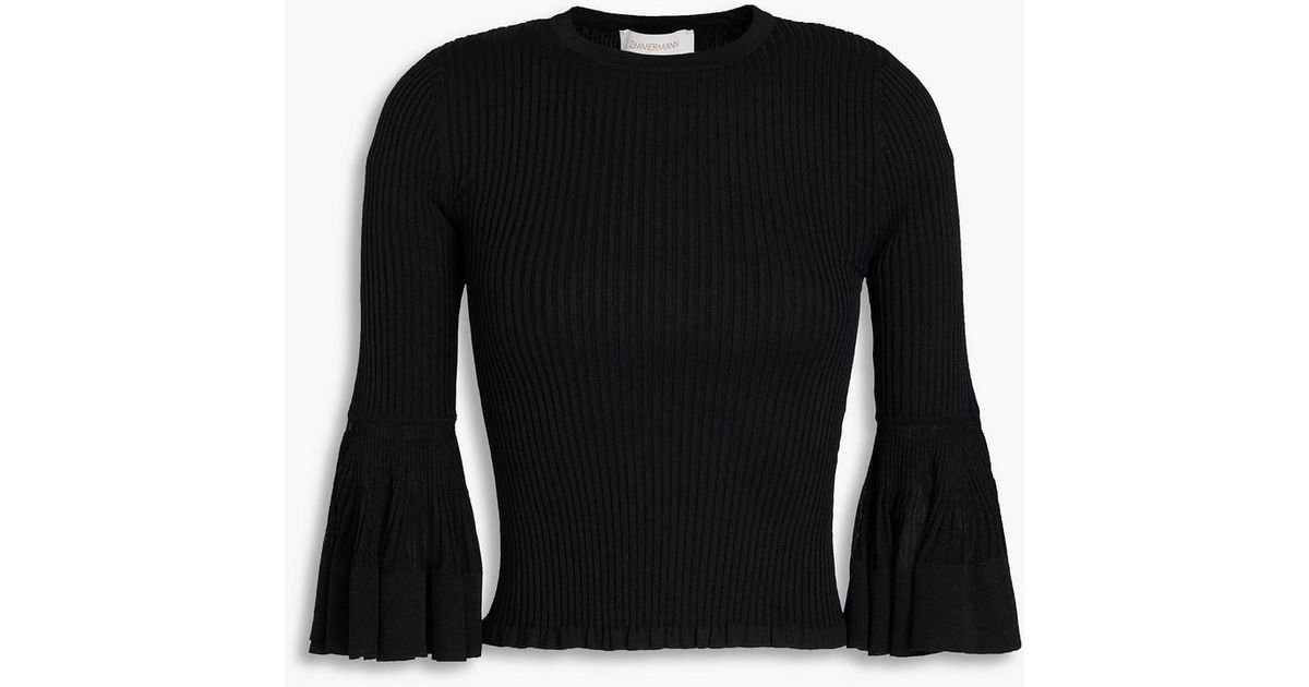 Zimmermann Ruffled Ribbed-Knit Top in Black | Lyst