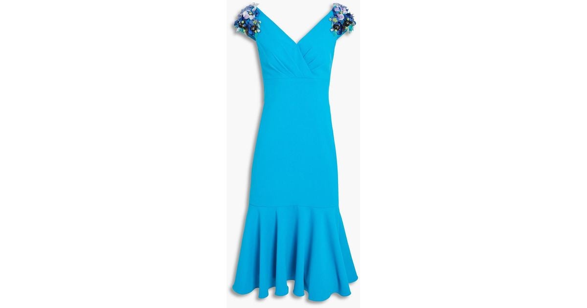 Badgley Mischka Fluted Floralappliquéd Crepe Dress in Blue Lyst Canada