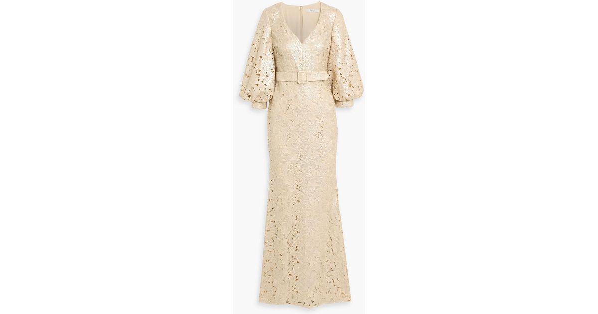 badgley mischka collection strapless guipure lace midi dress Badgley Mischka Belted Guipure Lace Gown in Natural