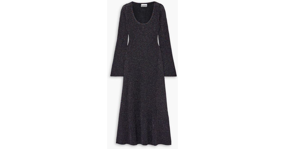 Ganni Metallic Ribbed-knit Midi Dress in Black | Lyst