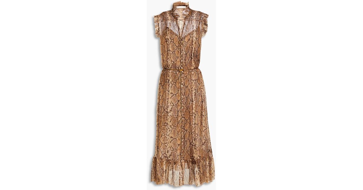 Zimmermann Belted Metallic Snake-print Silk-blend Chiffon Midi Dress in  Natural | Lyst