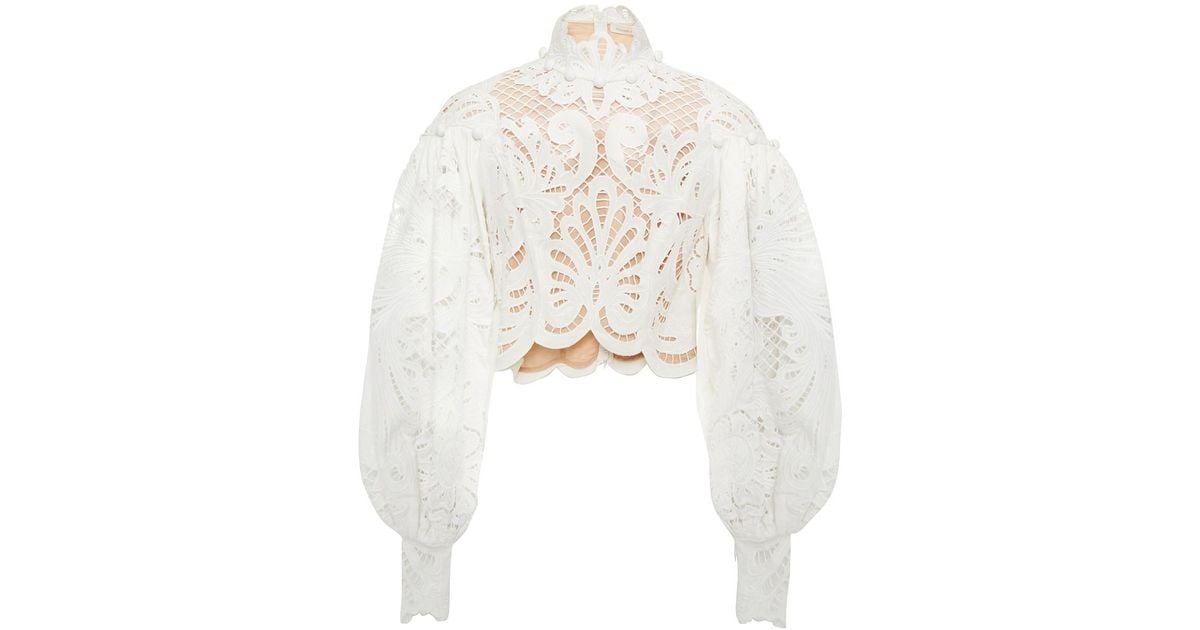 Zimmermann Wavelength Cropped Gathered Linen Guipure Lace Blouse in ...