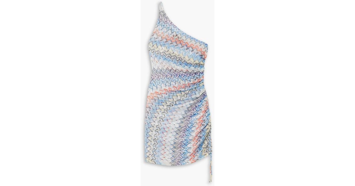 Missoni Mare One-shoulder Ruched Metallic Crochet-knit Mini Dress in Blue |  Lyst
