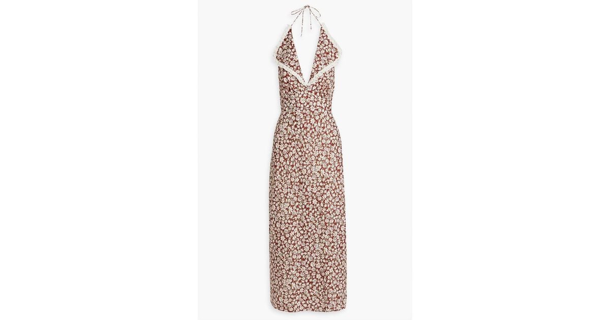 RIXO London Sabrina Floral-print Cotton And Linen-blend Halterneck Midi  Dress in Brown | Lyst