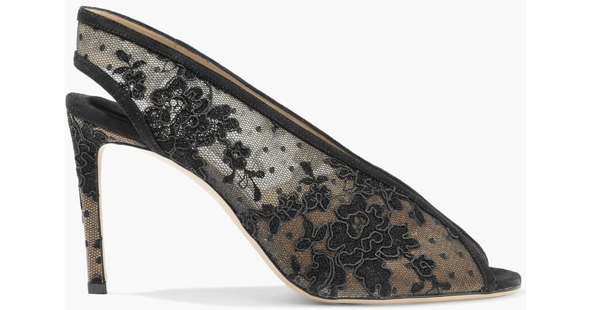Jimmy Choo Shar 85 Suede trimmed Corded Lace Slingback Pumps in