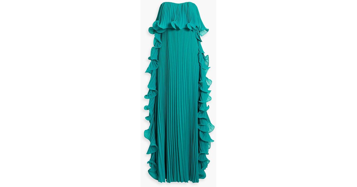 Badgley Mischka Strapless Ruffled Pleated Georgette Maxi Dress in Green
