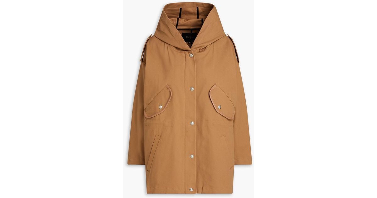 Maje Oversized Cotton blend Gabardine Hooded Jacket in Brown