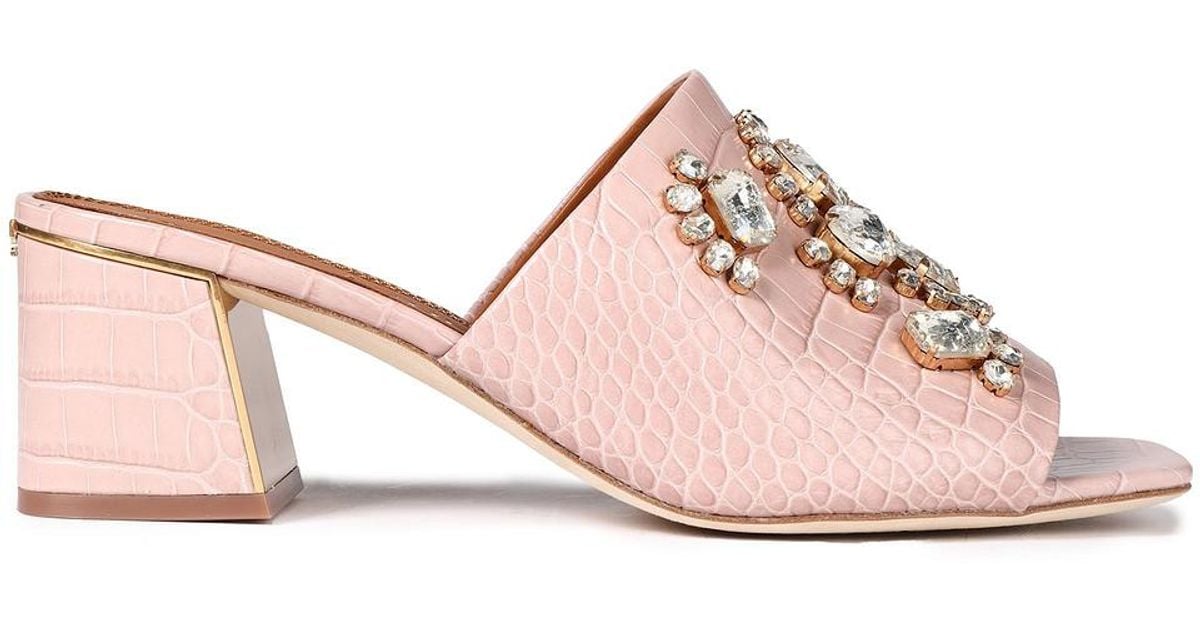 Tory Burch Ines Embellished Croc-effect Leather Mules in Blush 
