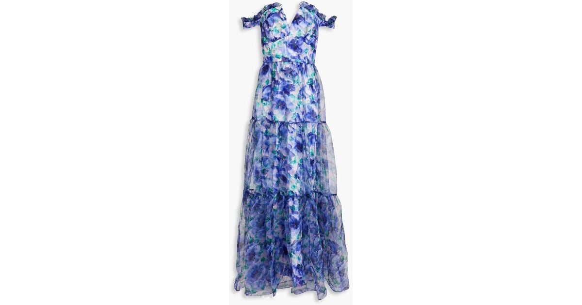 THEIA Off-the-shoulder Floral-print Crinkled Organza Gown in Blue | Lyst