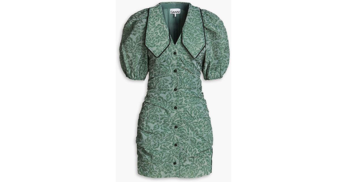 Ganni Ruched Cloqu-organza Mini Dress in Green | Lyst Canada