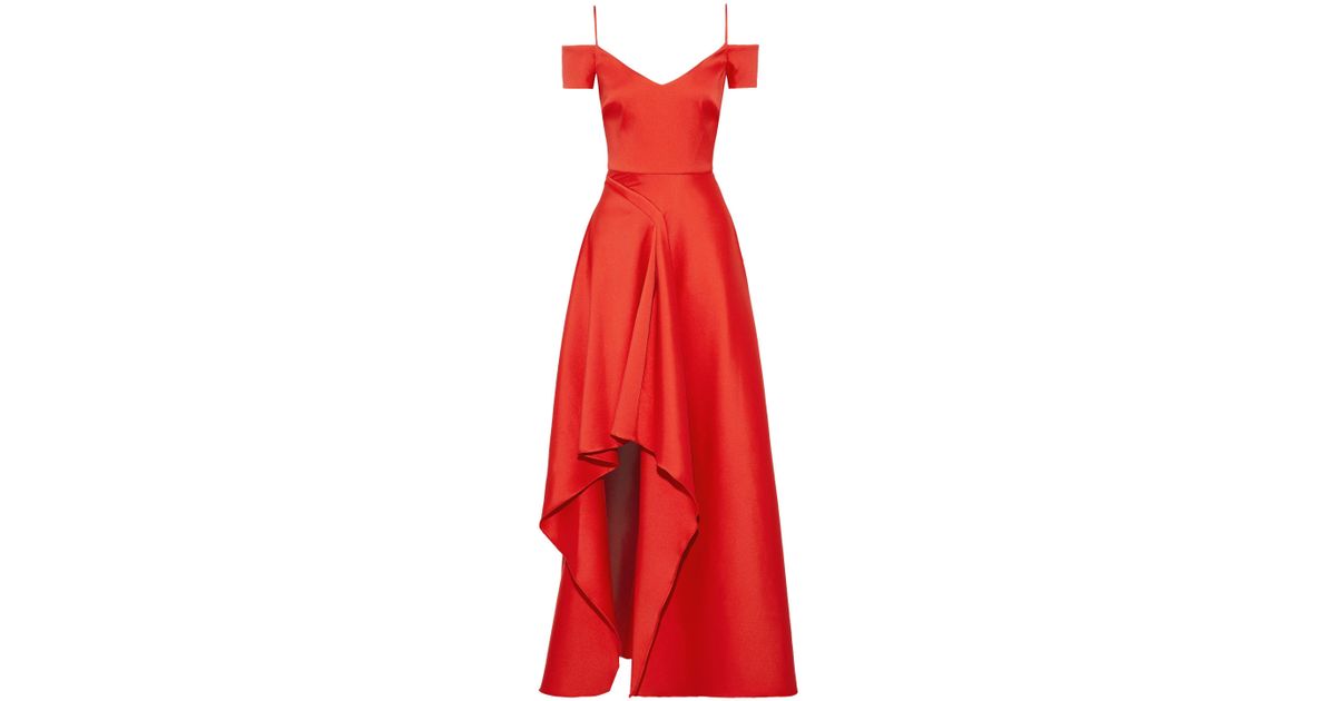 badgley mischka red cold shoulder gown