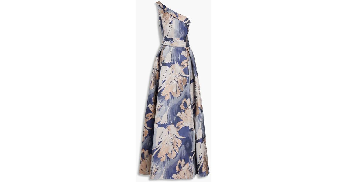 Aidan Mattox One-shoulder Pleated Floral-jacquard Gown in Blue | Lyst ...